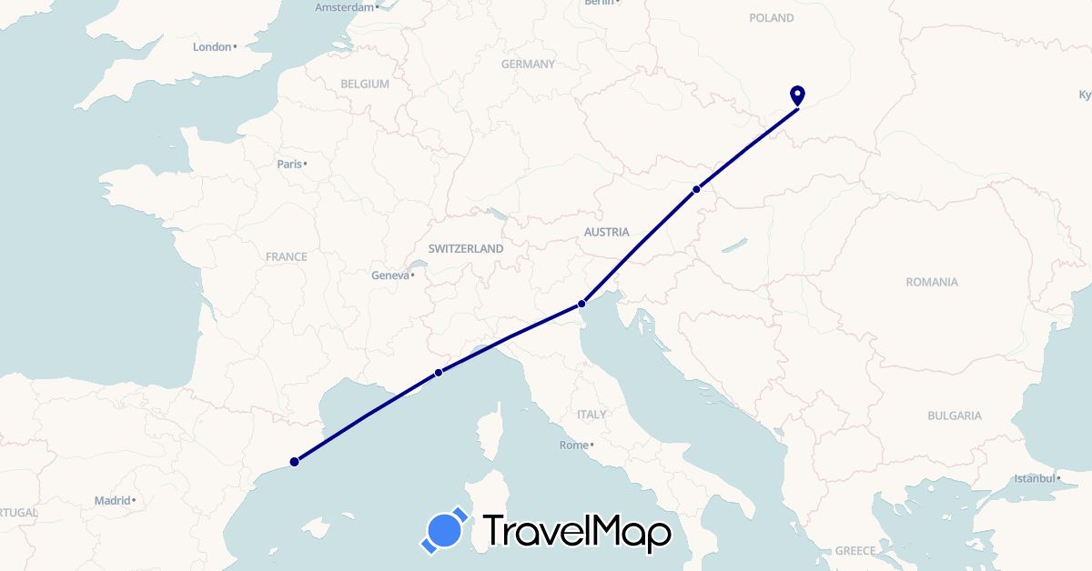 TravelMap itinerary: driving in Austria, Spain, France, Italy, Poland (Europe)